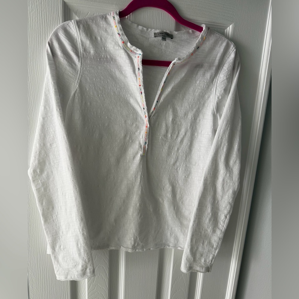Lisa Tod the XO tee White Long-Sleeve Split neck 100% cotton Top in size Small - Picture 4 of 10